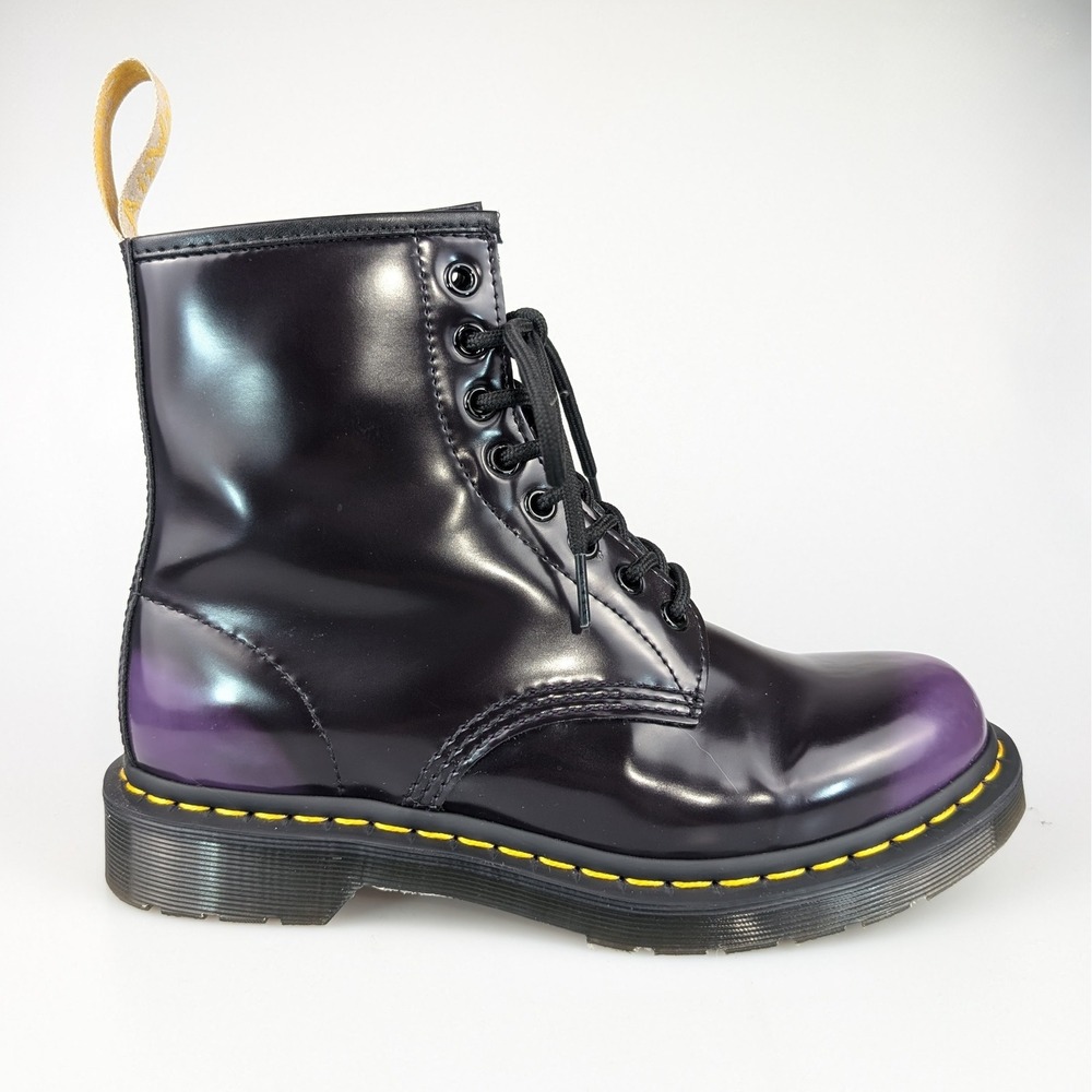 Dr. Martens Black Patent Combat Boots with Purple Tint and Yellow Stitching